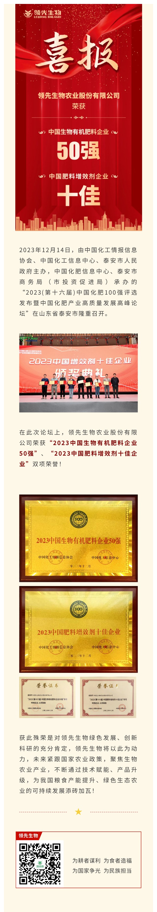 實力上榜 | 領先生物榮獲2023中國生物有機肥料企業(yè)50強！中國肥料增效劑十佳企業(yè)！